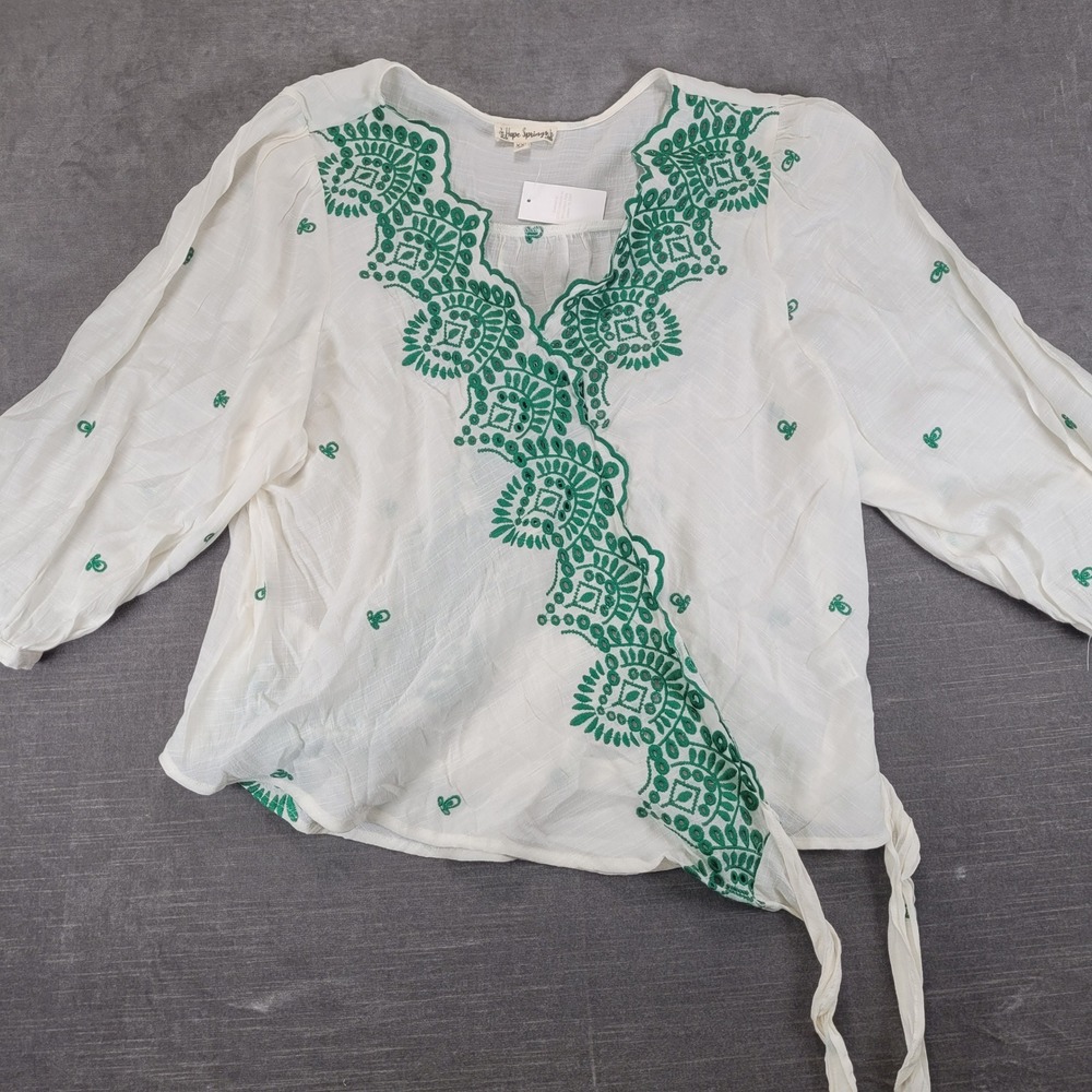 Hope Springs Ivory Green‎ Eyelet Wrap Top XXL Boho Cottagecore Gauze Blouse